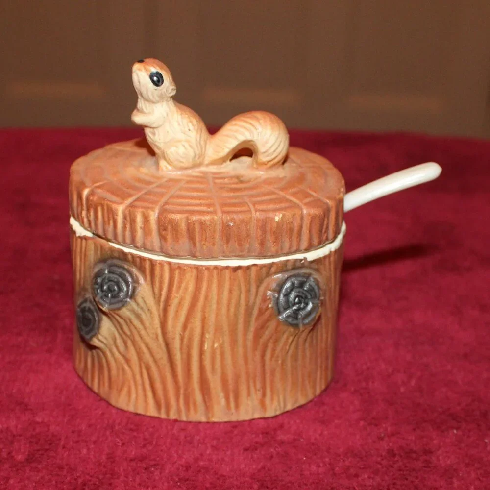 Vintage Ceramic Squirrel on Log, Jam Jar with Spoon